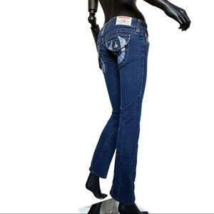 True Religion Flare Denim Blue Jeans 26 in Zip Pocket Stretch USA Stretch Logo